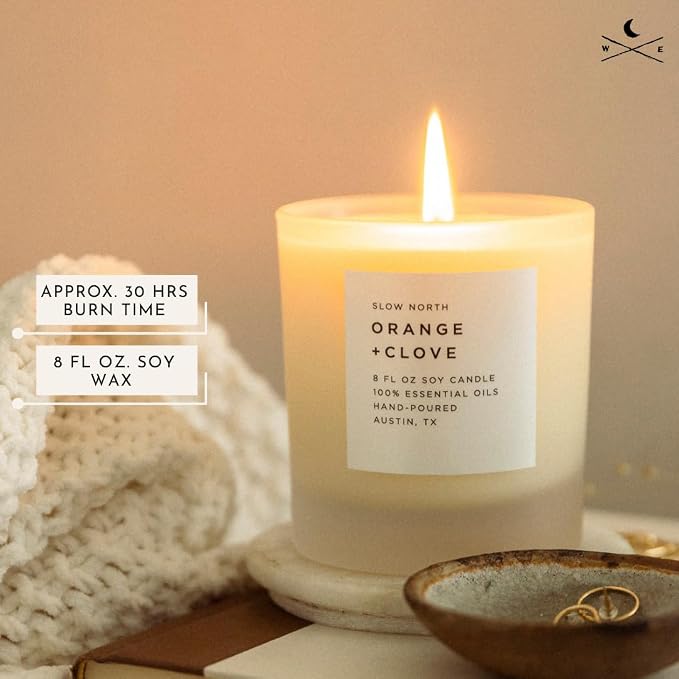 Slow North Orange + Clove Candle - Essential Oils and Pure Soy Wax Candle in a Reusable Frosted Glass Jar - A Unique and Mindful Scented Candle Hand-Poured in the USA (8 oz)