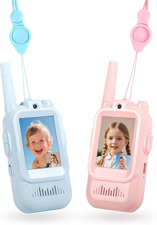 Video Walkie Talkies for Kids, 2 Pack Rechargeable, Long Range Voice & Video Communication, HD Camera, Fun Voice Effects, Ideal for Boys & Girls Ages 3-10, Indoor & Outdoor Play-Blue/Pink