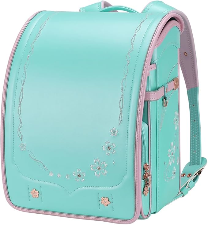 IwaiLoft Ransel Randoseru Backpack Automatic Satchel Japanese School Bag Cherry Blossom Sakura Embroidery PU Bookbag (Green)