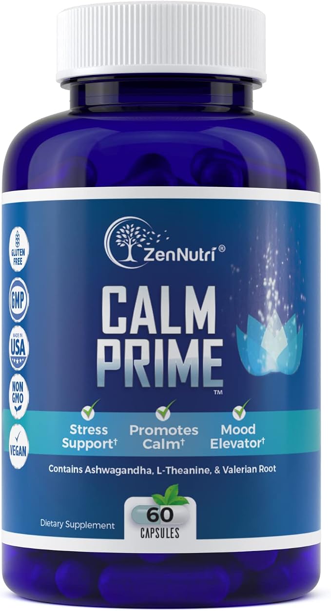 Calm Prime Stress Relief Supplement Non-Drowsy | Mood Support Supplement | Mood Boost | Vegan Daytime Stress Supplements Calm Aid | Stress Vitamins - Ashwagandha, Valerian Root - 60 Count