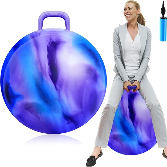 Lewtemi Hopper Ball for Adults, 29 Inch Bouncing Hippity with Handle Rubber Hop, Jumping Hopping Exercise Ball with Air Pump for Outdoors Sports Games Exercise (Blue Purple Cloud)