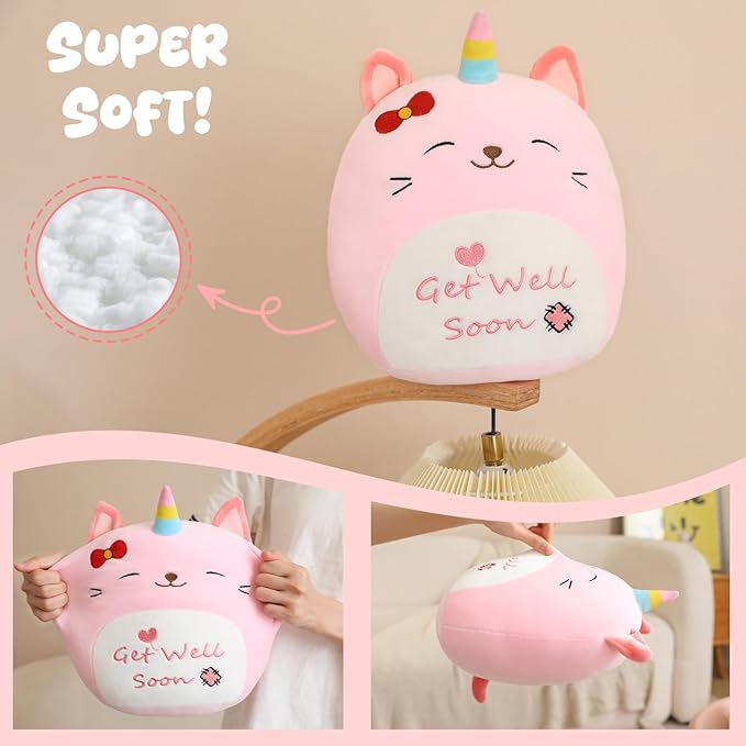 Get Well Soon Caticorn Plush, Cute Pink Caticorn Stuffed Animal, Soft Feel Better Gifts for Kids Women Men