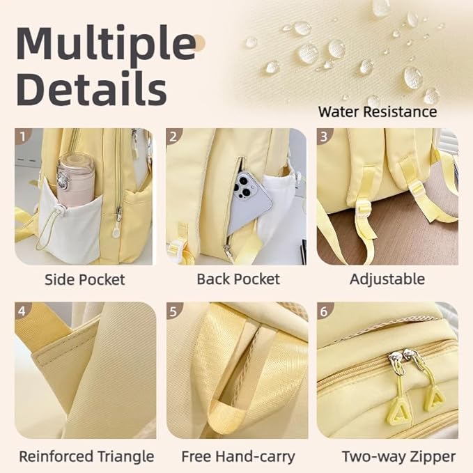 Kawaii Backpack Double Shoulder Bag with Cute Star Removable Pouch Clear Pocket Large Capacity Dopamine Colors Daypack (Clear Yellow)