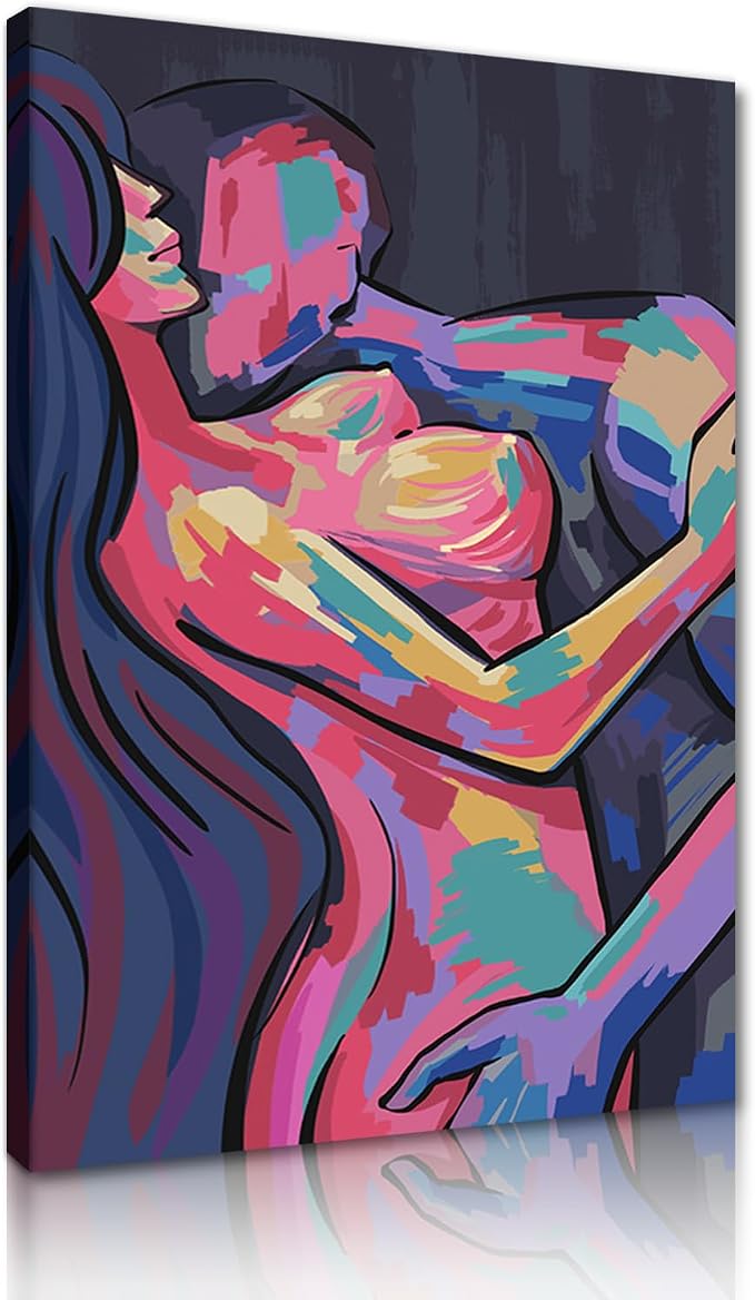 Yeesjoee Abstract Adults Sex Wall Art Sexy Couple Body HD Print Nude Lovers Kissing Colorful Naked Picture Canvas Paintings Woman and Man Modern Home Decor for Bedroom College Dorm, 24x36 in Framed