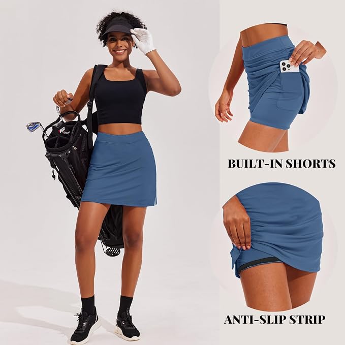 Ekouaer 16" Skorts for Women with Pockets Golf Pickleball Tennis Skirt | Silicone Grippers,2 Inner Pockets,Wide Waist,Side Slit Hem,Breathable,Soft,Lightweight
