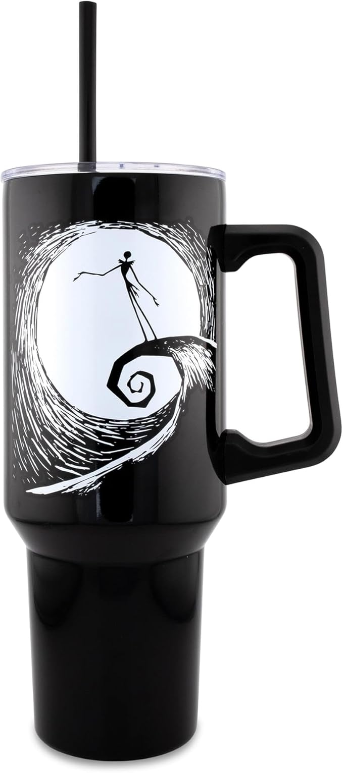 Silver Buffalo Disney Nightmare Before Christmas by Tim Burton Jack Skellington Hill & Moon Drawing Double Walled Stainless Steel Tumbler with Handle and Straw, Fits in Standard Cup Holder, 40 Ounces