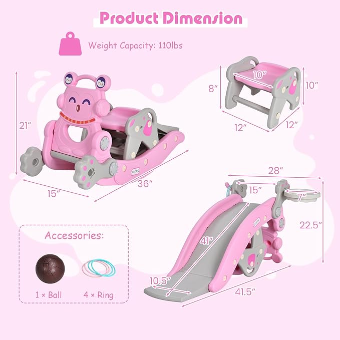 HONEY JOY Toddler Slide Rocking Toy, 6 in 1 Convertible Freestanding Slide for Kids w/Basketball Hoop/Ring Toss Game/Rocking Horse/Stool, Foldable Baby Climber Playground Slide for Indoors Outdoors