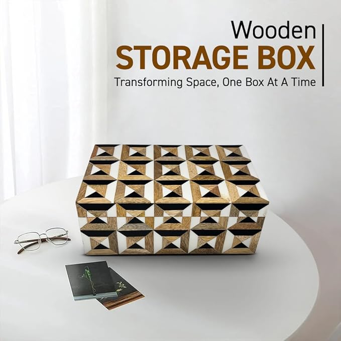 Perilla Home Home Decor Decorative Storage Wooden Box Small Era Organizer Tool Stash Card Craft Trinket Memory Keepsake Jewelry Box for Men and Women, Gifts For All, Brown, Black and Off White
