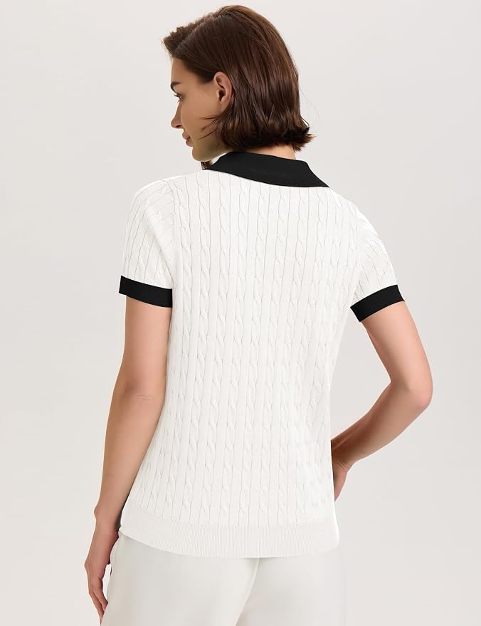 Micoson Womens Short Sleeve Sweater Tops Lapel V Neck Polo Shirts 2026 | Summer Cable Knit Loose Blouses, Business Casual Outfits