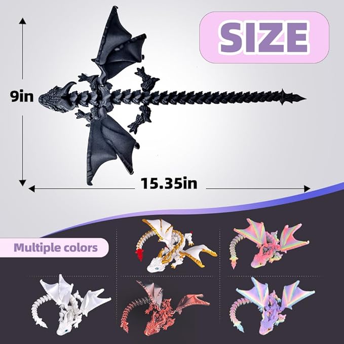 3D Printed Dragon with Wings,3D Printed Animals Toys, Fidget Dragon Toys, Flexible Articulated Winged Crystal Dragon Model,Desktop Pet Deco (Matte-Black)