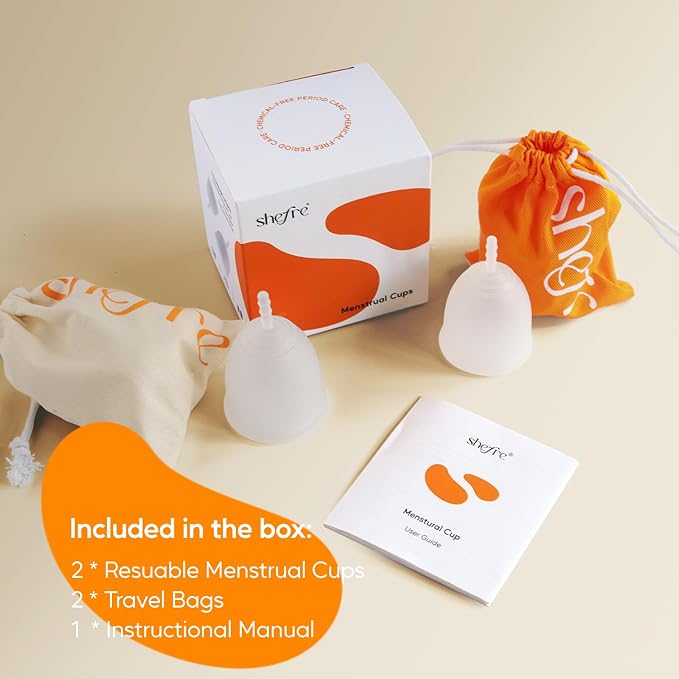 shefre Reusable Menstrual Cup Kit, Small & Large Sizes, 2 Count | Medical Grade Silicone, 12-Hour Leak-Proof, 100% BPA-Free, Beginner-Friendly Starter Kit
