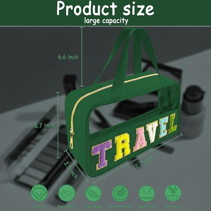 Bunliuys Chenille Letter Clear Makeup Bag Travel Patch, Travel Toiletry Makeup Bag with Handle, Nylon Waterproof Makeup Bags clear cosmetic bag, preppy patch makeup bag for Women (TRAVEL-Dark Green)