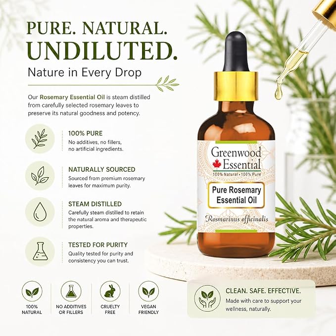 Greenwood Essential Pure Rosemary Essential Oil (Rosmarinus officinalis) with Glass Dropper Steam Distilled 50ml (1.69 oz)