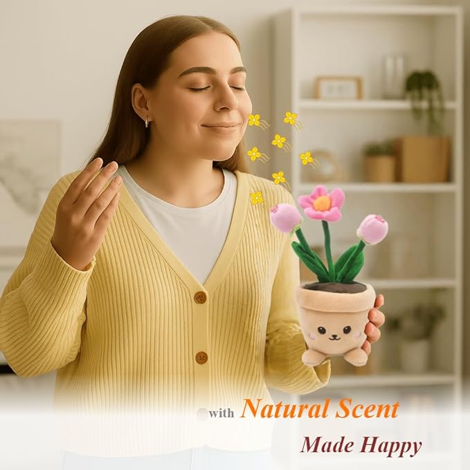 Stuffed Plant Plush Toy, Happy Face Flower Plushies Plant Pillow Decorationr with Natural Scent, Adorable Stuffed Flower for Christmas Horror Plush Halloween(1 Fower 2 Buds)