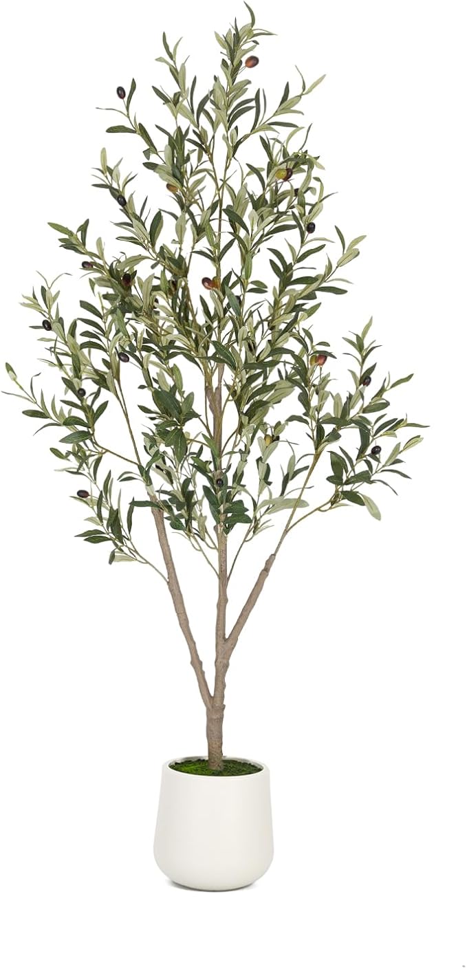 VIVATREES Olive Trees Artificial Indoor, 5FT Tall Faux Olive Tree with White Tall Planter, Artificial Plants with Natural Wood Trunk and Lifelike Fruits for Home Office Decor