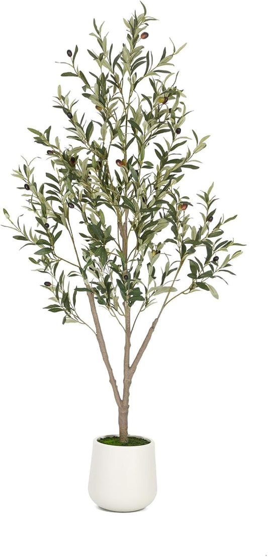 VIVATREES Olive Trees Artificial Indoor, 5FT Tall Faux Olive Tree with White Tall Planter, Artificial Plants with Natural Wood Trunk and Lifelike Fruits for Home Office Decor