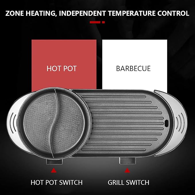 Non-stick Hot Pot with Grill, 2200W Shabu Shabu Hot Pot Korean BBQ Grill, Indoor Electric Hotpot and Grill Combo, Independent Temperature Control for Family and Friends Gathering(2-12 People)