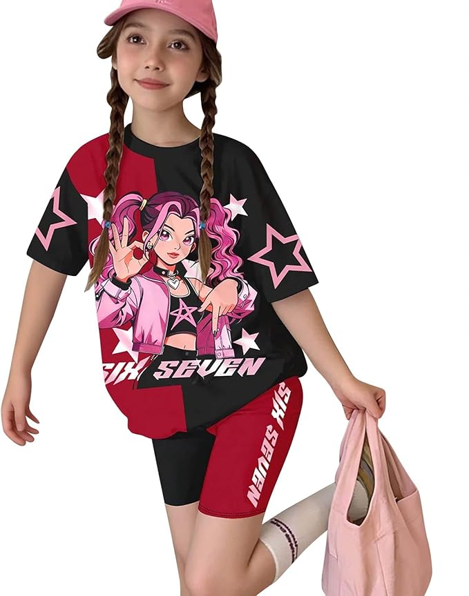 K-POP DEM0N Hunters Outfits for Girls, 2 Piece T-Shirts and Apparel Sets Birthday Gift