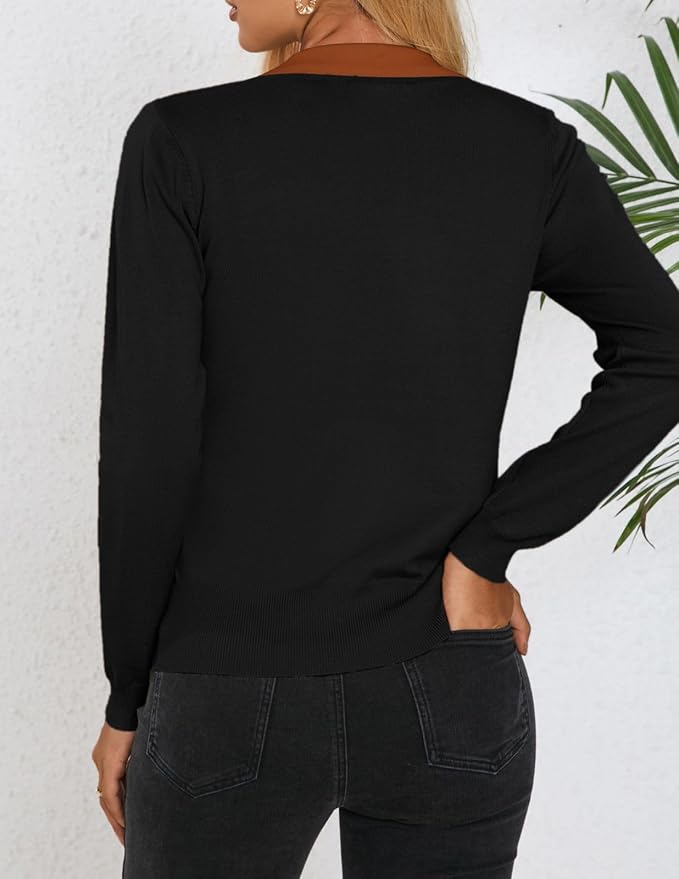 Women's Long Sleeve Classic V Neck Casual Fall Winter Polo Sweater Tops | Basic Collared Knitted Fashion Work Business Formal Daily Wear Versatile Pullover Shirts