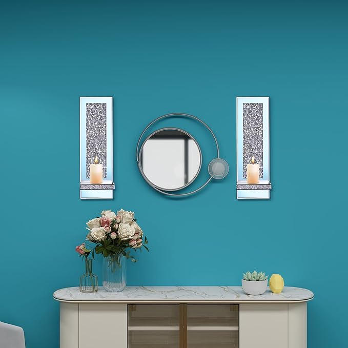 Mirrored Wall Candle Sconces Holder Set of 2, Wall Decor Living Room | Crystal Crushed Diamond Silver Wall Decorations, Ideal for Entryway, Hallway, Bedroom, Dining Room