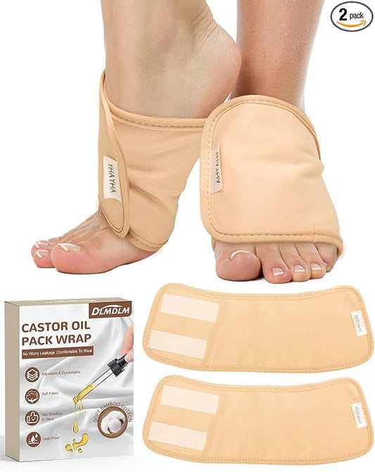 2 Packs Castor Oil Pack Wrap for Feet, Reusable Organic Castor Oil Foot Wrap with Hook and Loop Strips, Less Mess, Comfort Fit