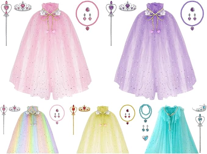 Princess Dress Up Clothes, 7pcs Princess Cape Crown with Wand for Girls 3-8 Years Toddler Princess Dress Up for Birthday Gift