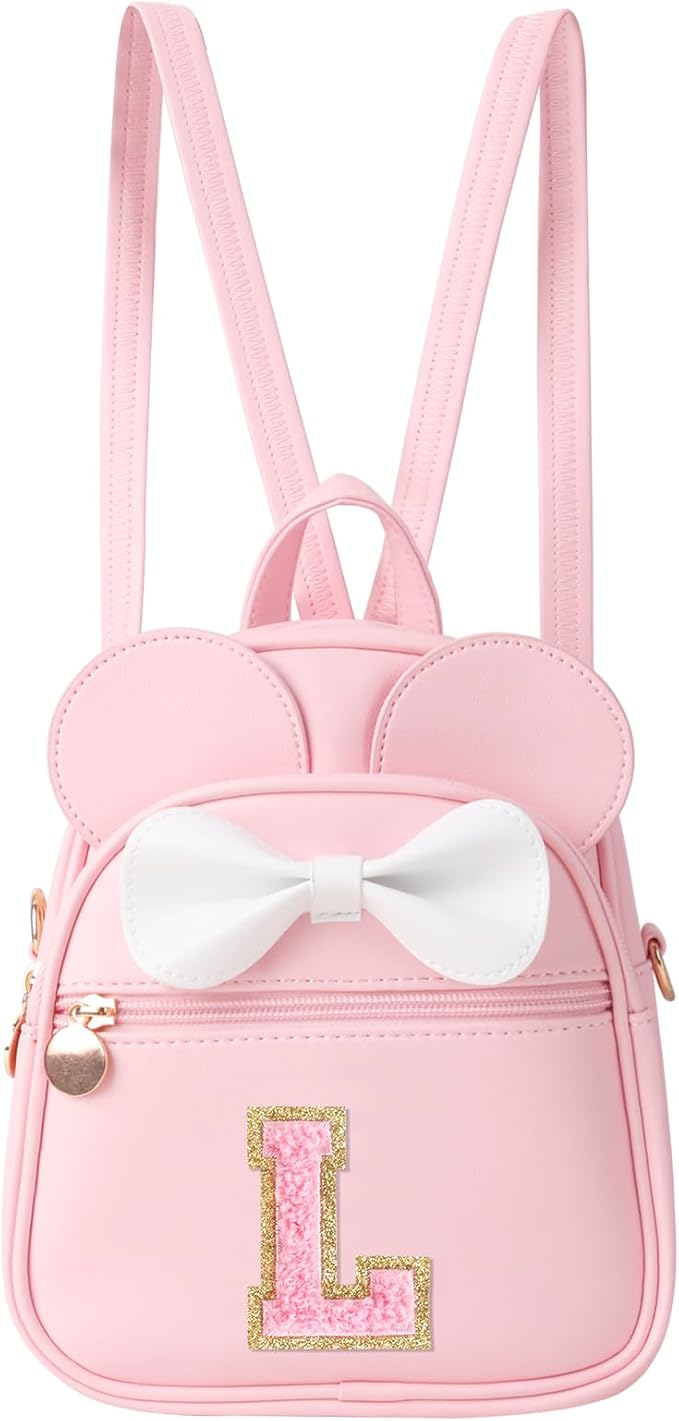 Personalized Toddler Backpack for Girls 3–10, Cute Mini Bowknot Mouse-Ear Toddler Bookbag Crossbody Purse, Small Daypack Wallet Set, Initial Birthday Gift, Trendy Little Kids/Teen Bag(Pink,L)
