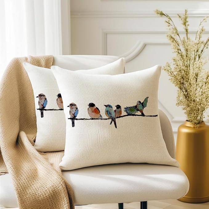 RABUSOA Birds Pillow Covers 16x16 Inch,Lumbar Decorative Throw Pillows,Spring Summer Hand-Painted Outdoor Pillowcases Cushion Covers for Couch
