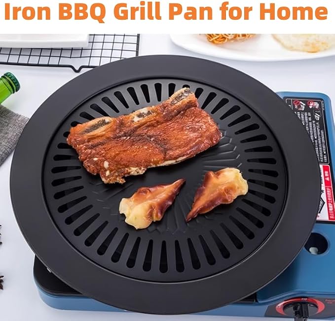 Haofy Korean BBQ Grill Pan Iron Easy to Anti Stick Round Stovetop Barbecue Grill Pan for Home Indoor Outdoor Cooking, Haofypmgriu3s8n