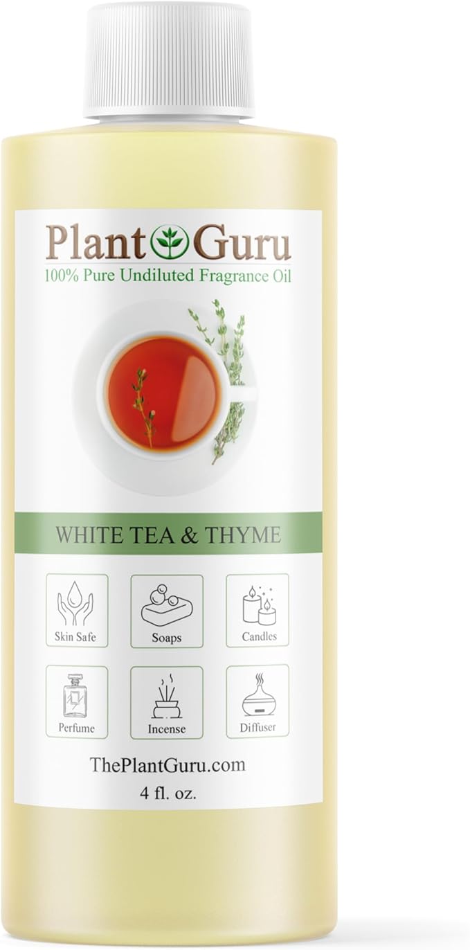 White Tea & Thyme Fragrance Oil 4 fl. oz. Scented Oil for DIY Soap Making, Candles, Bath Bombs, Body Butters. Used In Aromatherapy Diffusers, Burners and Warmers. Great Addition To Lotions and Creams.