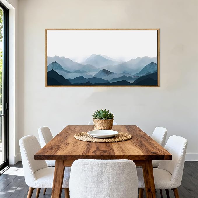 Blue Framed Mountain Landscape Wall Art Fog Mountain Painting Wall Decor for Bedroom Living Room Office Decor 20x40 Inch