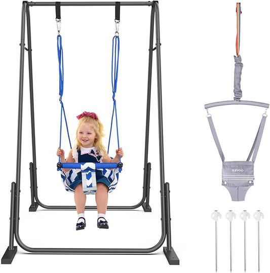 Slevoo 2 in 1 Baby Jumper Swing, Portable Toddler Swing with Foldable Stand, Indoor Outdoor Baby Jumpers and Bouncers, 6 Months to 6 Years, Grey