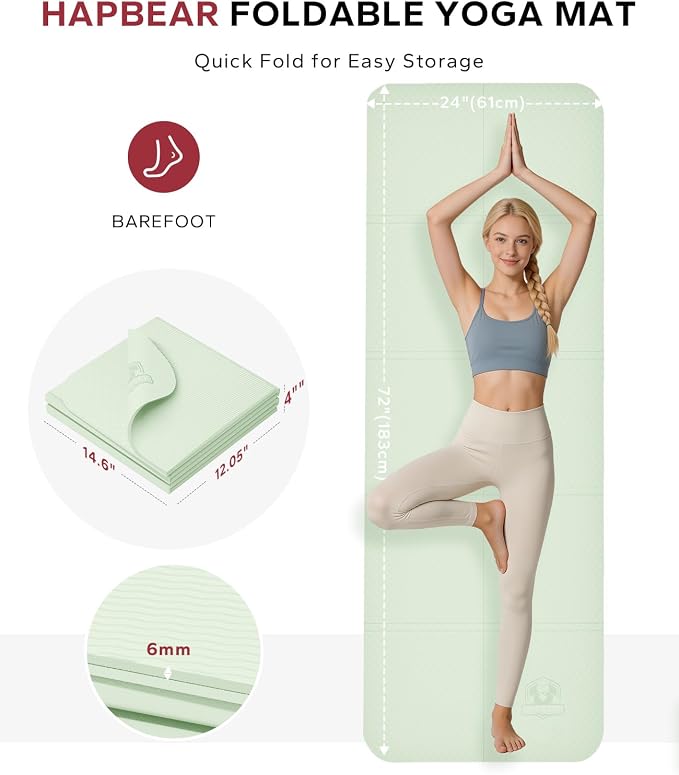 HAPBEAR Foldable Yoga Mat - 72"x24"x0.24" (6mm), Non-Slip TPE Exercise Mat for Home Workout, Yoga, Pilates,Stretching, & Travel, Durable & Eco-Friendly, Includes Carry Bag