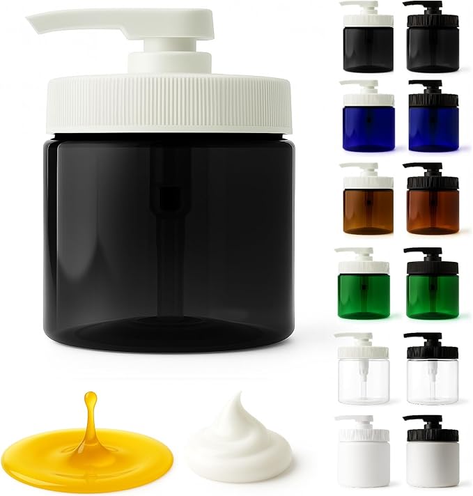 Royal Massage 16oz Refillable Pump Jar with Locking Dip Tube Dispenser – BPA-Free Plastic Container for Massage Oils, Lotions, Creams – Ribbed Lid Wide-Mouth Jar – Durable & Reusable (Black/White, 3)