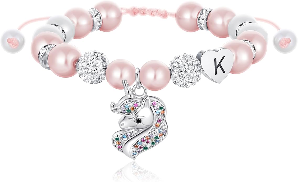 C-leen Unicorn Bracelet Gifts for Teens, Adjustable Pink Pearl and Rhinestone Balls Heart Initial Unicorn Bracelets Jewelry Gift for Birthday Christmas gifts