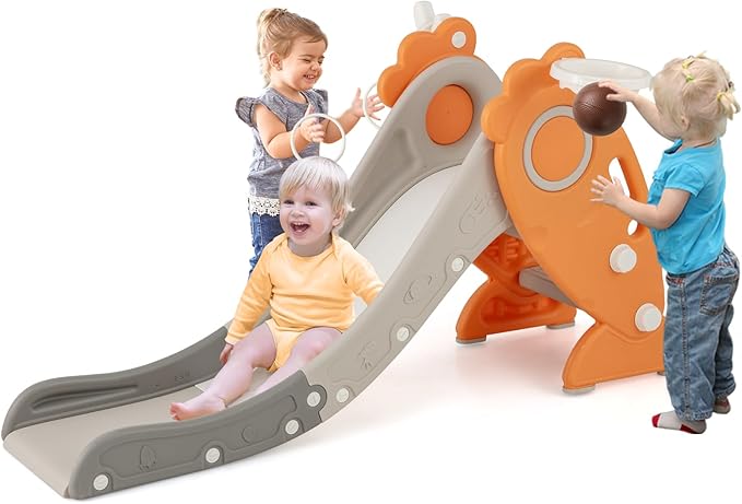 BABY JOY Toddler Slide for Kids, 4 in 1 Indoor Foldable Kids Slide w/Climber, Basketball Hoop & Ring Toss, Folding Climber Playset Baby Freestanding Playground