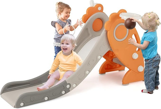 BABY JOY Toddler Slide for Kids, 4 in 1 Indoor Foldable Kids Slide w/Climber, Basketball Hoop & Ring Toss, Folding Climber Playset Baby Freestanding Playground