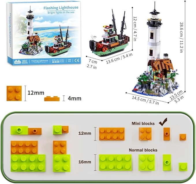Lighthouse Building Block Adults Sets with Lighting, The Island Lighthouse Modular Architecture Construction Building Model Set Present for, (1480 Pcs)
