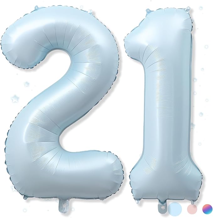 Big Number 21 Balloons, Light Dusty Blue Foil 21 Balloon Numbers 40 Inch, Giant 21st Birthday Party Decor, Pastel Baby Sky Blue Mylar Helium Self Inflating Balloon for Boys Men Anniversary Decorations