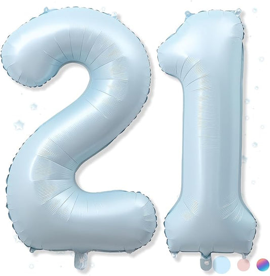 Big Number 21 Balloons, Light Dusty Blue Foil 21 Balloon Numbers 40 Inch, Giant 21st Birthday Party Decor, Pastel Baby Sky Blue Mylar Helium Self Inflating Balloon for Boys Men Anniversary Decorations