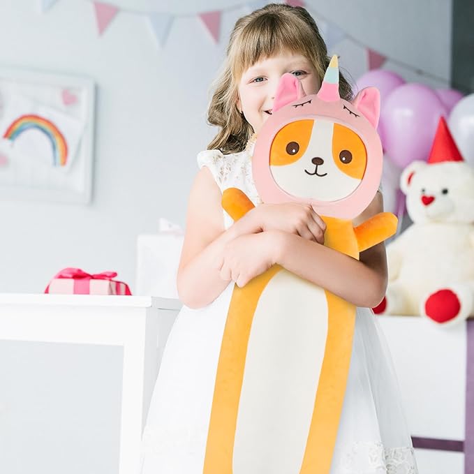 36 Inch Kawaii Unicorn Dog Long Plush Body Pillow Toy, Soft Corgi Shiba Inu Plushies with Stuffy Unicorn Outfit Big Stuffed Animals Gift for Kids Boys Girls, Birthday