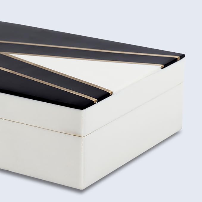Handicrafts Home Black and White Decorative Storage Box with Lid– Coffee Table Storage Box, Handmade Resin Inlay Wooden Box, Remote Control Holder, Decorative Organizer, Keepsake & Jewelry Box- 8x5x2