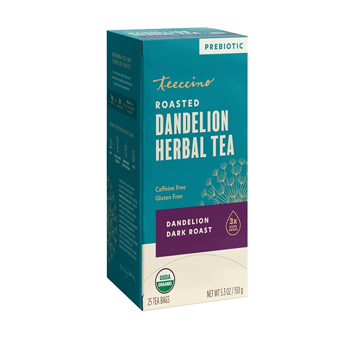 Teeccino Dark Roast Dandelion Tea - Rich & Roasted Herbal Tea That’s Caffeine Free & Prebiotic with Detoxifying Dandelion Root, 25 Tea Bags (Pack of 3)