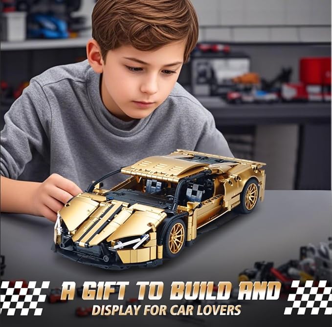 Sports Car Building Set for Adults - 1:14 MOC Toy Car Building Block, Racing Car Model Kit Gifts for Boyfriends,Boys and Teens Age 8-14 (Gold)