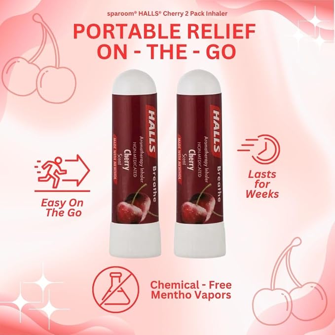 SpaRoom Halls Nausea Relief Nasal Stick – Breathe Cherry, 100% Pure Essential Oils, Aromatherapy Nasal Stick for Sinus Relief, Stress & Craving Management, Sweet Cherry Scent, 2-Pack, Non-Medicated
