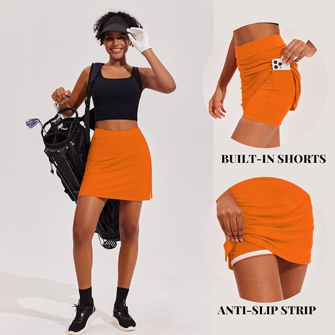 Ekouaer 16" Skorts for Women with Pockets Golf Pickleball Tennis Skirt | Silicone Grippers,2 Inner Pockets,Wide Waist,Side Slit Hem,Breathable,Soft,Lightweight