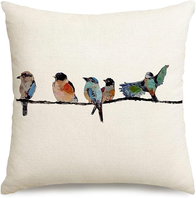 RABUSOFA 18x18 Outdoor Birds Pillow Decorative Throw Pillows,Small Throw Pillows for Couch,Hand-Painted Pillowcases Spring Summer Decorations Cushion Covers Cotton Linen for Sofa Teal Blue
