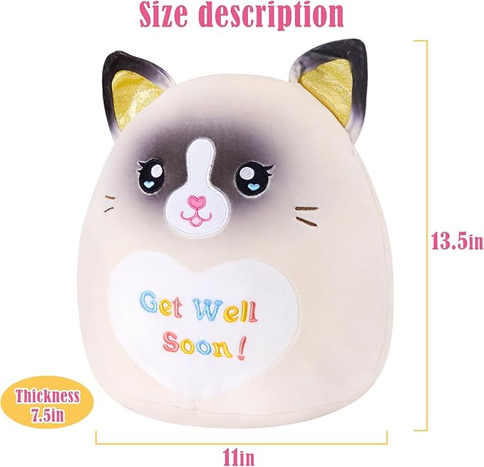 13.5" Get Well Soon Cat Plush Pillow Soft Cute Ragdoll Cat Stuffed Animal Get Well Soon Kitten Gift for Women Girls Kids Patient Feel Better Plush Toy