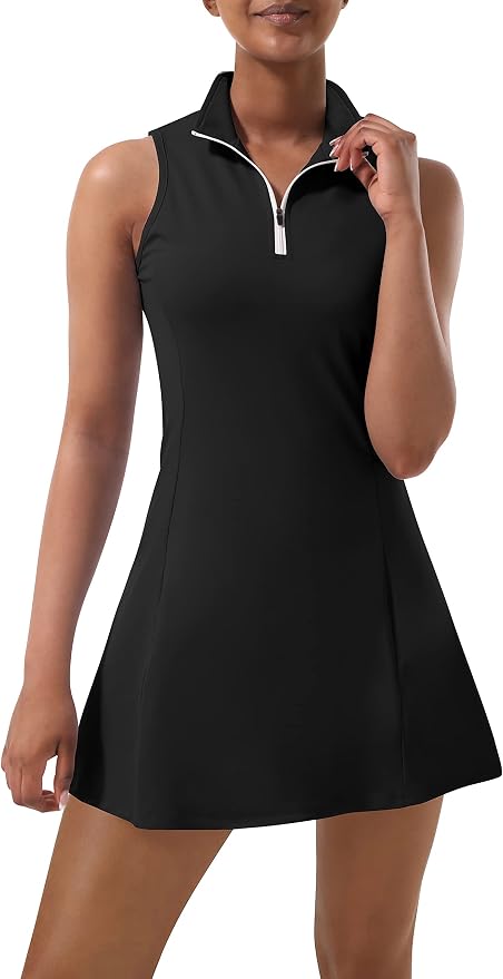 Tennis Dress for Women, Golf Dress with Shorts and Pockets Athletic Dress | Sleeveless Collared Half-Zipper Workout Sport Dress, Stretch Moisture Wicking Fabric, Tennis Golf Outfits