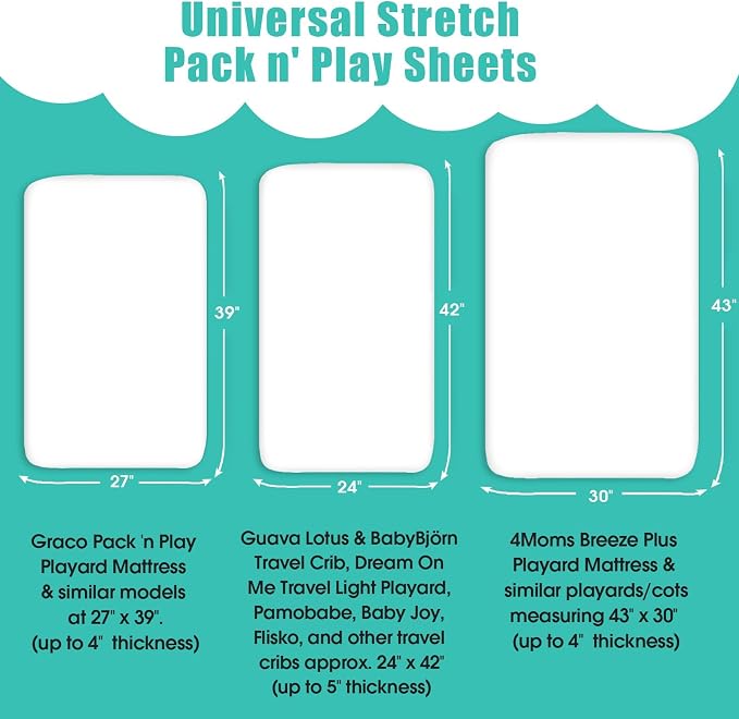 Stretchy Pack and Play Fitted Sheets: 2 Pack Mini Crib Sheets 38x26 - Soft Cozy Material - Fits Most Playards and Travel Playpens, Pack n Play, Nursery Daycare Bedding Essentials, Whale Cloud Print